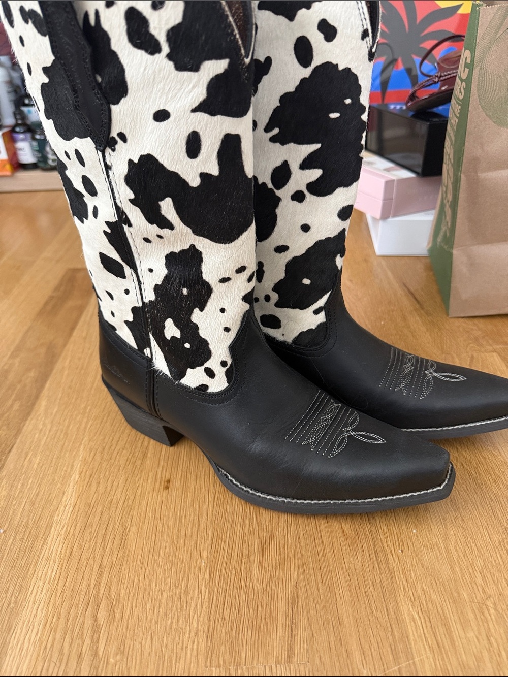 Montana West Black and White Cowhide Western Heeled Boots
